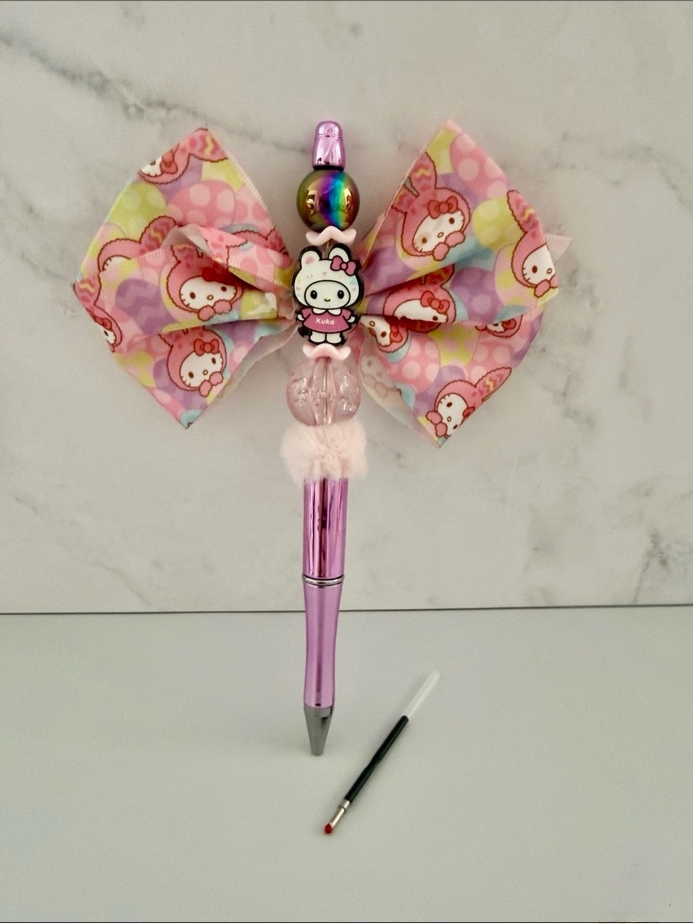 🎀 Cute Hello Kitty bow & shimmer purple barrel pen. Beautiful beads Ink refill